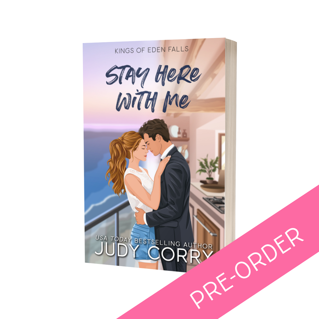 Book cover of 'Stay Here With Me' by Judy Corry with a pre-order banner on a white background