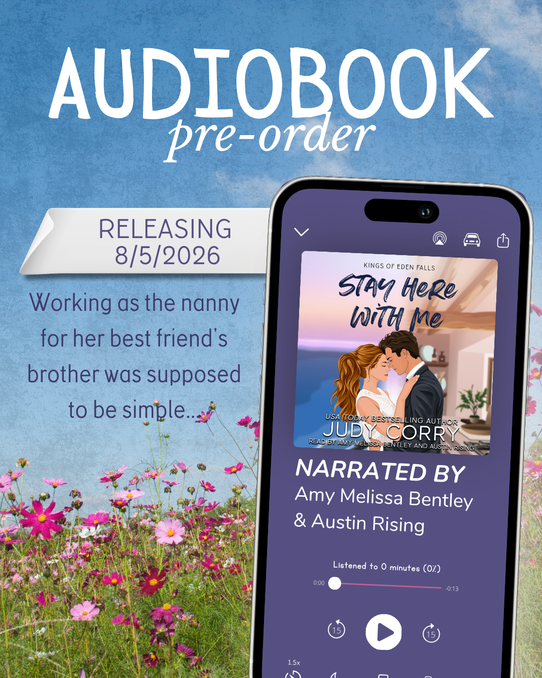 Phone displaying audiobook cover with a blue sky and flowers in the background