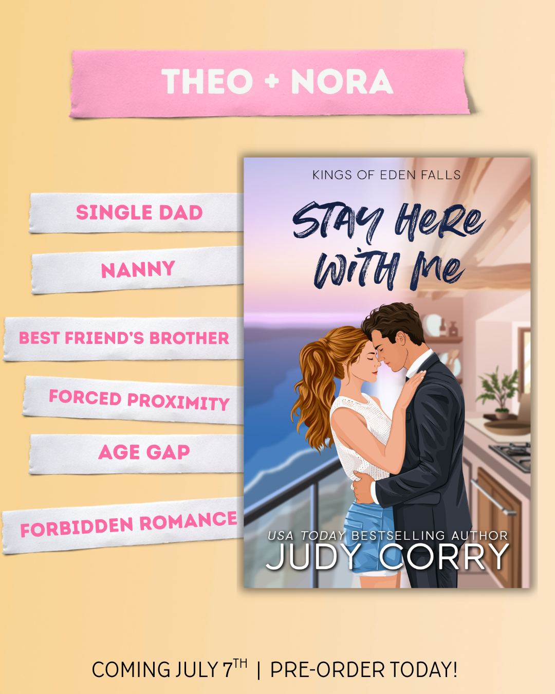Cover for 'Stay Here With Me' by Judy Corry with book tropes listed on a yellow background. (Book tropes are: Single dad, nanny, best friend's brother, forced proximity, age gap and forbidden romance.)