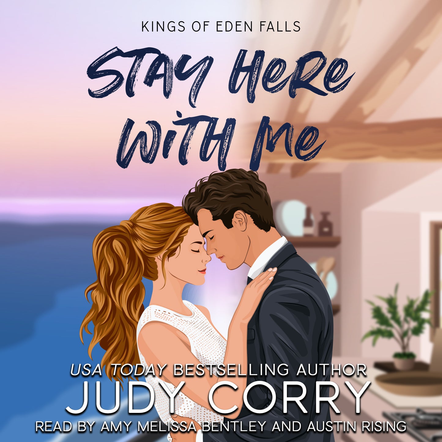 Audiobook cover of 'Stay Here with Me' by Judy Corry featuring an illustration of a couple embracing.