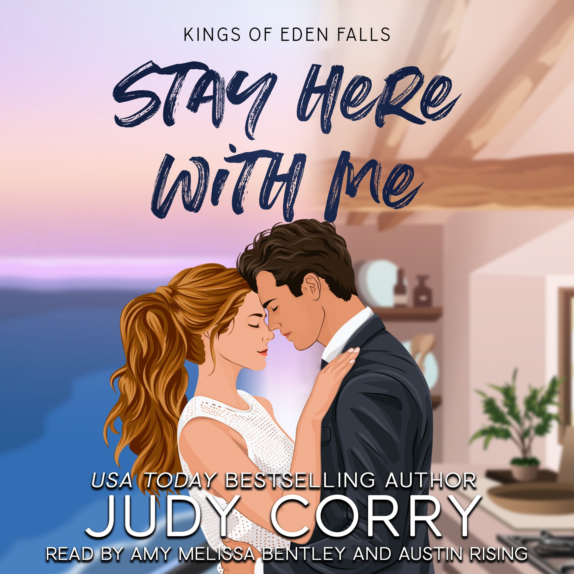 Audiobook cover of 'Stay Here with Me' by Judy Corry featuring an illustration of a couple embracing.